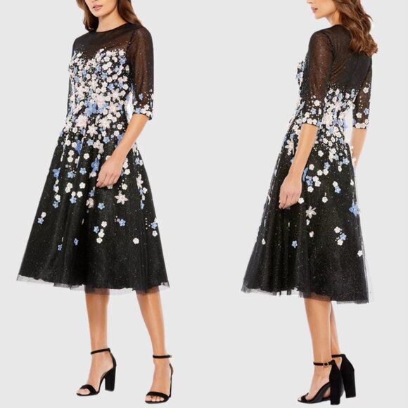 Mac Duggal 11161 Size 6 Black Blue Pink Floral Embroidered A-Line Cocktail Dress - Picture 5 of 5